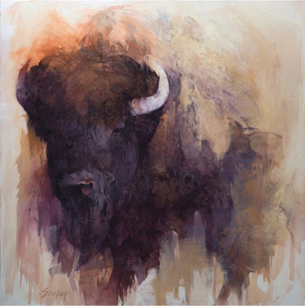 Bison Bull in Purple & Yellow - Painting by Jill Soukup